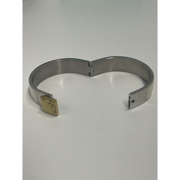 Rustic Cuff Silver Tone Cream Enamel Hindged Bangle Bracelet New - Picture 9 of 11